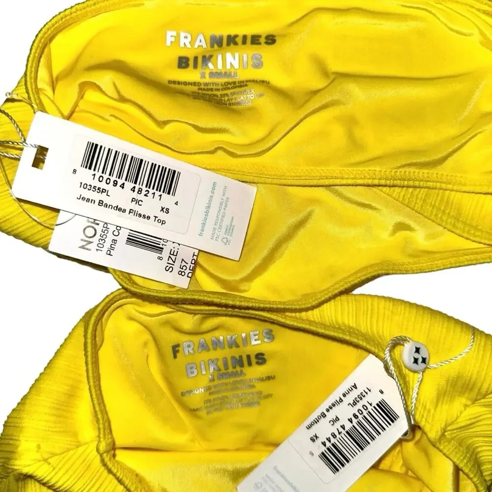 NWT Frankies Bikinis Jean Bandea and Anne Plisse Bottom Yellow Bikini Set XS